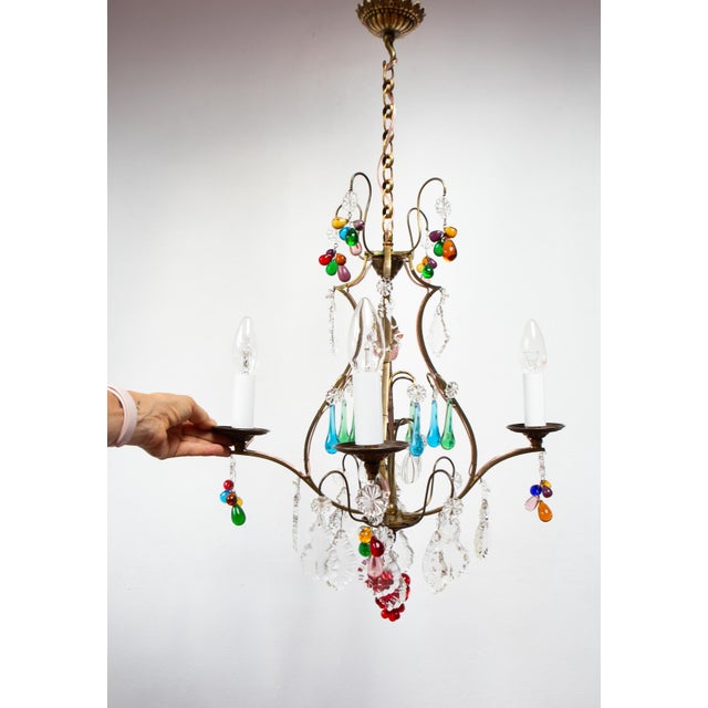 French Bronze Chandelier with Colored Crystals, 1950s For Sale - Image 4 of 12