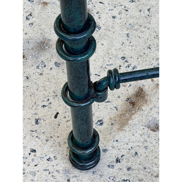 Metal Pair of Giacometti Style Wrought Iron Verdigris Finish Glass Top Side Table For Sale - Image 7 of 12