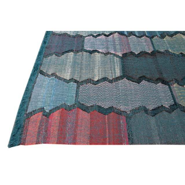 Contemporary Multi-Color Kilim Handmade Geometric Wool Rug For Sale - Image 4 of 9