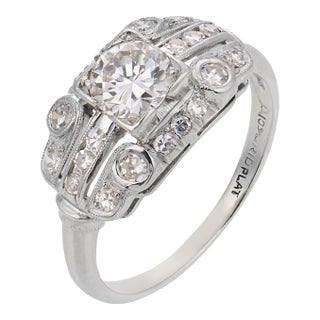 1930s Art Deco Diamond Platinum Engagement Ring, Size 6 For Sale