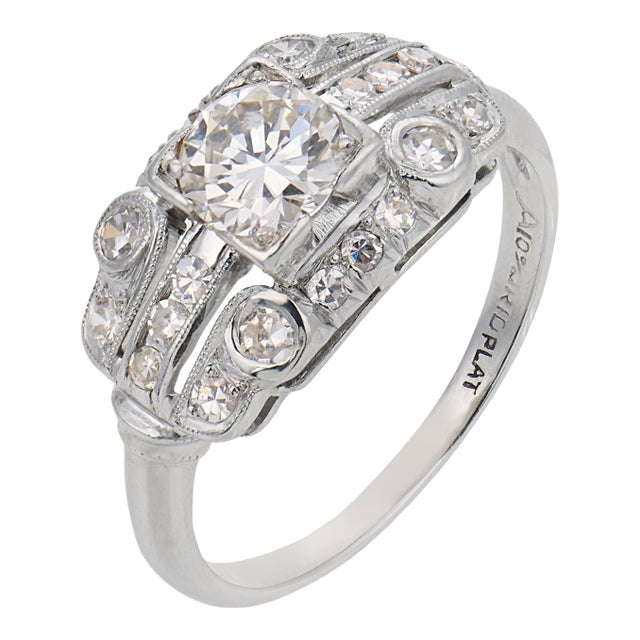 1930s Art Deco Diamond Platinum Engagement Ring, Size 6 For Sale