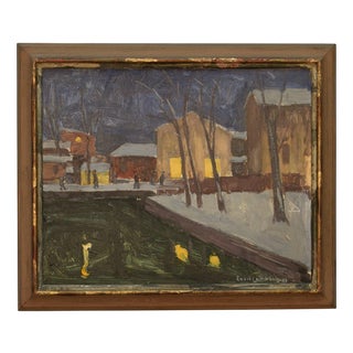 Evert Lambertz, Town and Pond at Night, 20th Century, Oil Painting, Framed For Sale