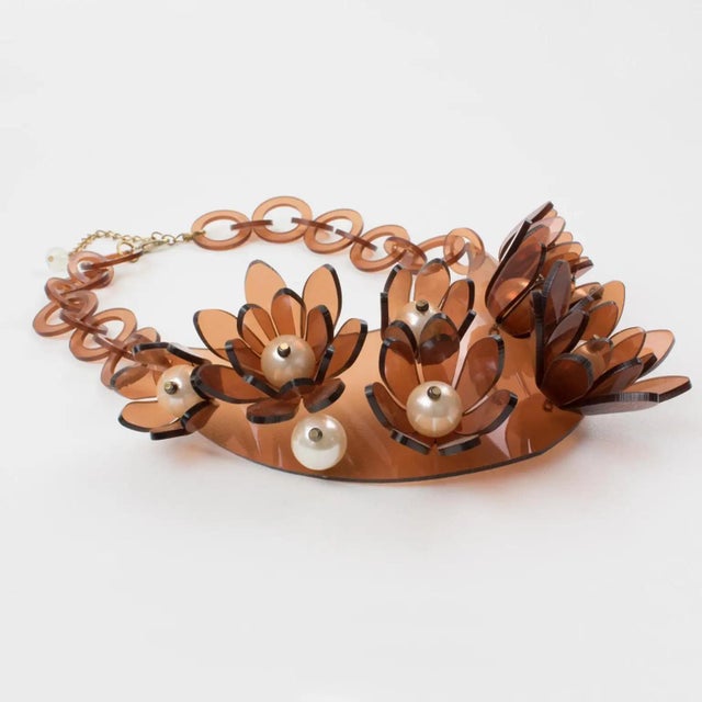 Italian Design Copper Acrylic Bib Necklace Flowers and Pearls For Sale - Image 10 of 13