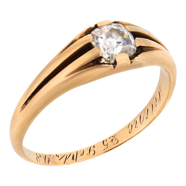 19th Century Victorian Old Mine Cut Diamond 14k Yellow Gold Solitaire Ring, Size 7.5 For Sale