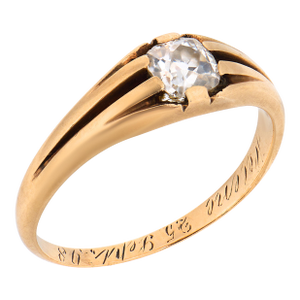19th Century Victorian Old Mine Cut Diamond 14k Yellow Gold Solitaire Ring, Size 7.5