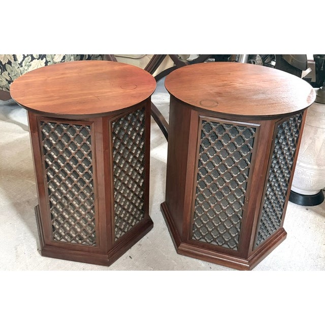 Mid 20th Century Mid Century Octagonal Walnut End Tables, Floor Speakers For Sale - Image 5 of 11
