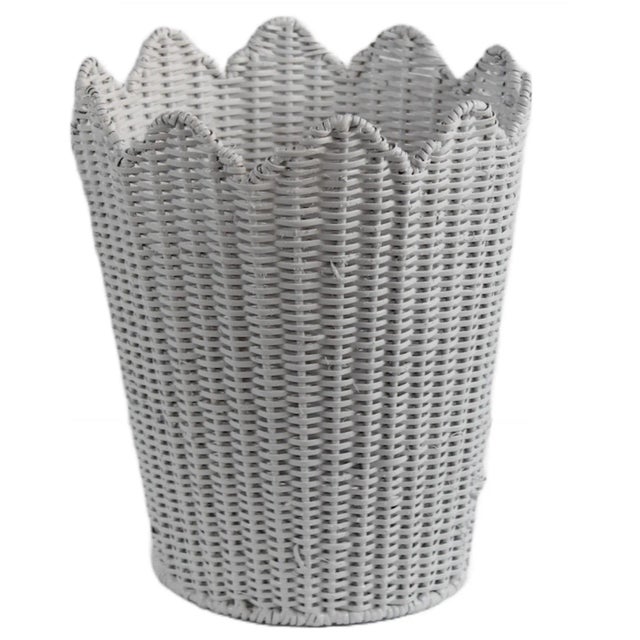 Traditional Scalloped Wicker Waste Basket, White For Sale - Image 3 of 3