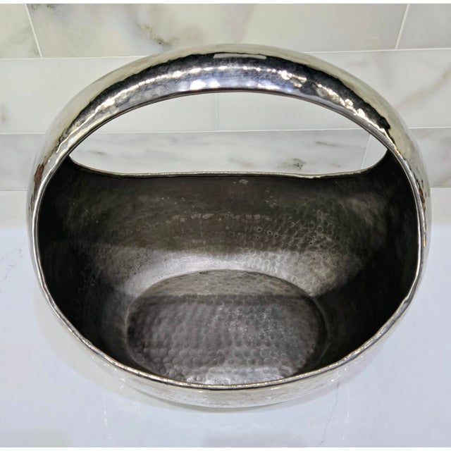 Contemporary Late 20th Century Brutalist Hammered Silver Metal Sculptural Basket Bowl For Sale - Image 3 of 8