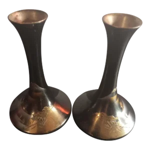 1970s Japanese Brass Bud Vase With Mirror Glaze - Set of 2
