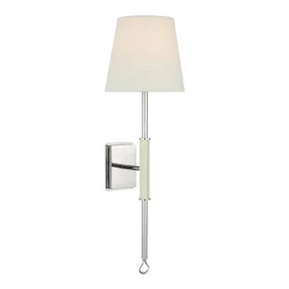 Amber Lewis for Visual Comfort Signature Griffin Tail Sconce in Polished Nickel and Parchment Leather with Linen Shade For Sale