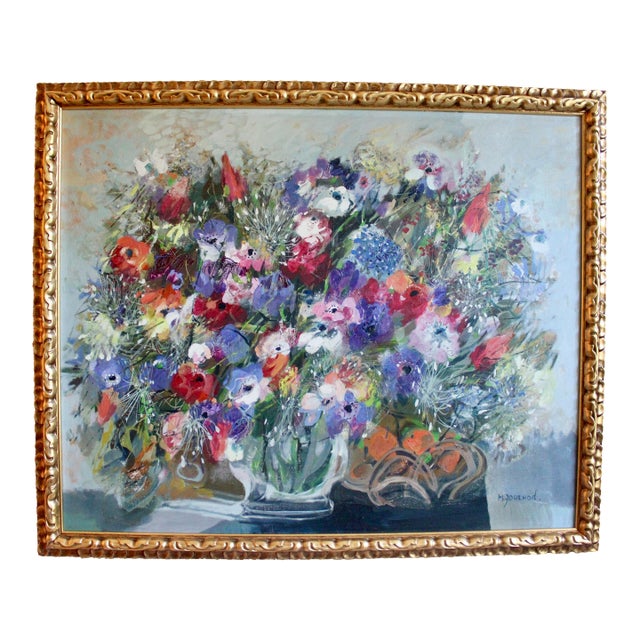 Large French Still Life Flowers Oil Painting by Monique Journod For Sale