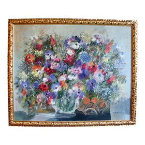 Large French Still Life Flowers Oil Painting by Monique Journod