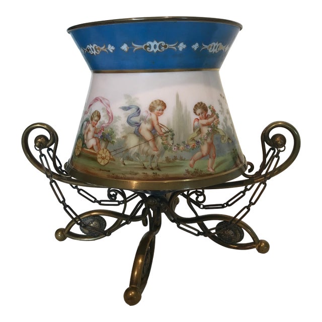 Large Antique French or Austrian Figural Art Glass Cache Pot Jardiniere in Bronze Cradle Stand & Bronze Rim For Sale