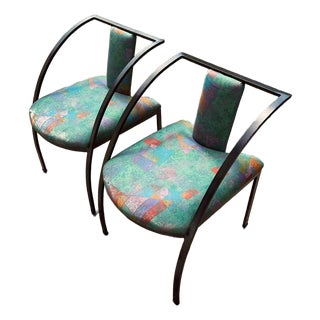 Vintage Postmodern Sculptural Chairs | Black Metal, Geometric Upholstery, Memphis Style For Sale