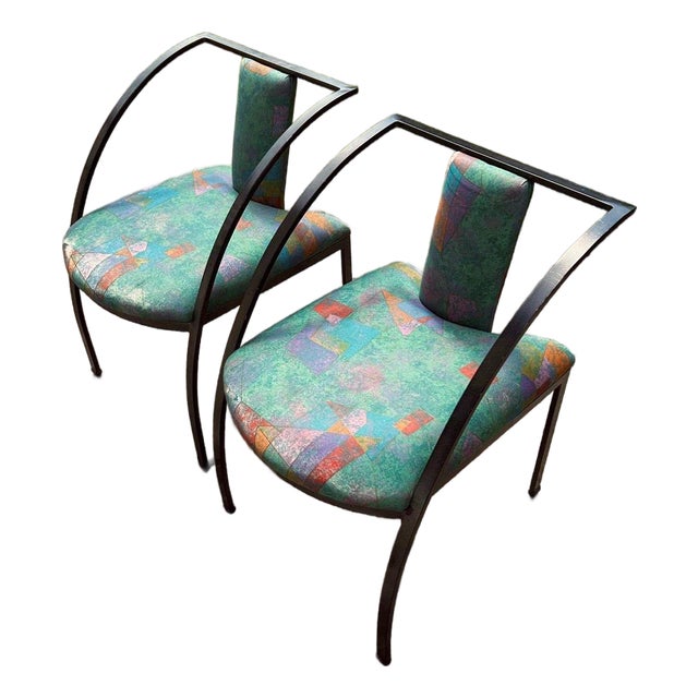 Vintage Postmodern Sculptural Chairs | Black Metal, Geometric Upholstery, Memphis Style For Sale