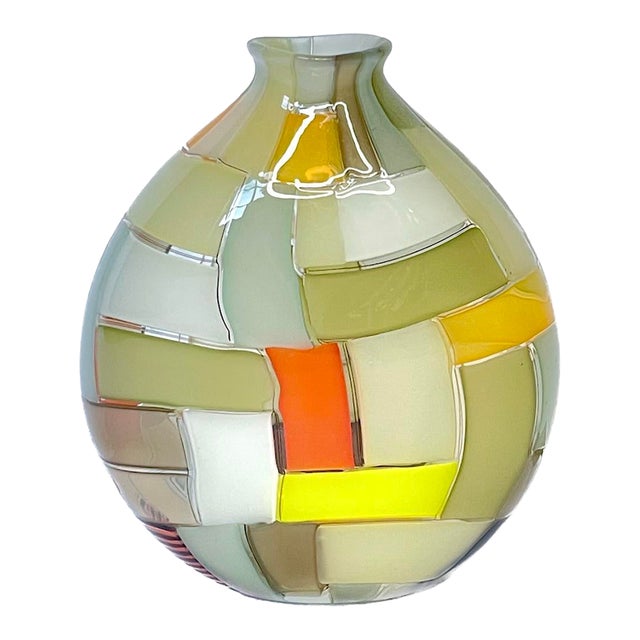 Signed Vintage Robin Mix Patchwork Glass Vase For Sale