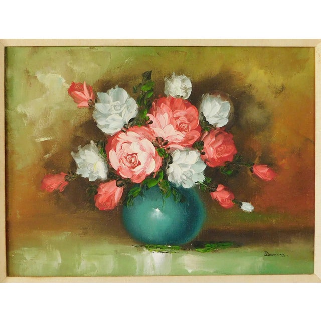 Mid-Century Modern Vintage Mid Century Signed Floral OIl Painting Solid Wood Green & Gold Frame For Sale - Image 3 of 12