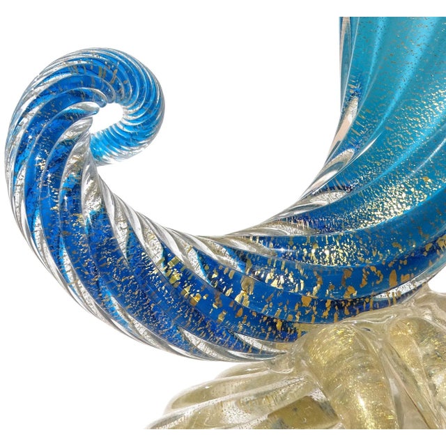 Glass Vintage Murano Seguso Blue Opalescent Gold Flecks Italian Art Glass Mid Century Sculptural Flower Vase For Sale - Image 7 of 12