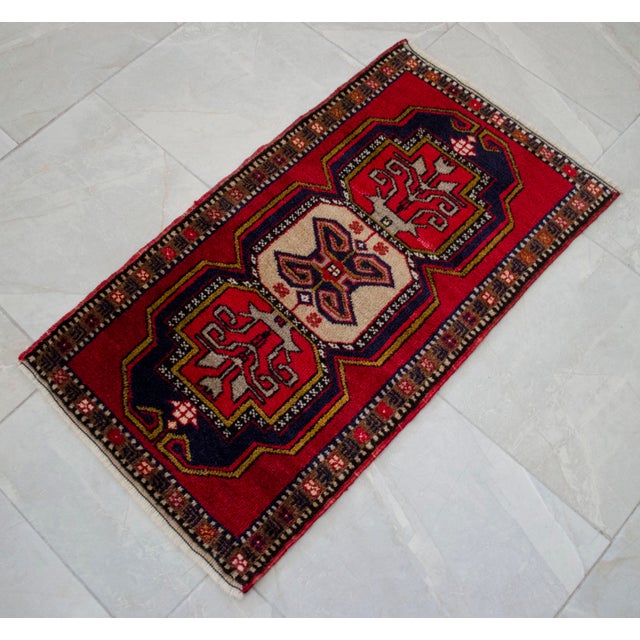 Hand-Knotted Small Turkish Rug Colorful Entry Decor Doormat 21"x37" For Sale - Image 4 of 11