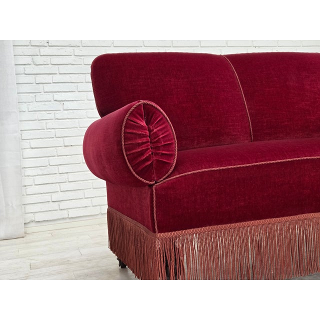 Mid-Century Modern Danish 2-Seater Drop Arm and Back Sofa in Cherry-Red Velour, 1950s For Sale - Image 3 of 18