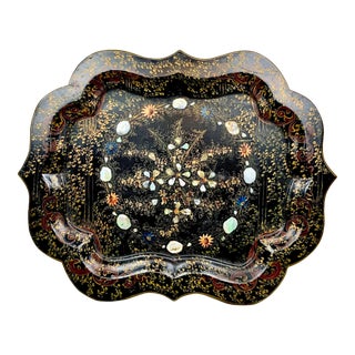 Antique Hand Painted Wooden Tray With Inlaid Mother of Pearl For Sale