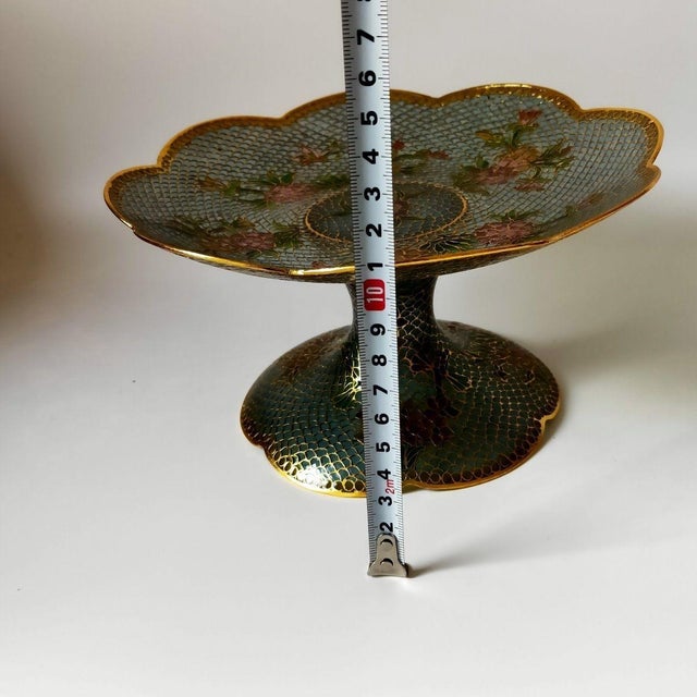 Blue Vintage Cloisonné Enamel Pierced Fruit Stand / Compote – Eggshell Technique, Gilded Floral Motif For Sale - Image 8 of 9