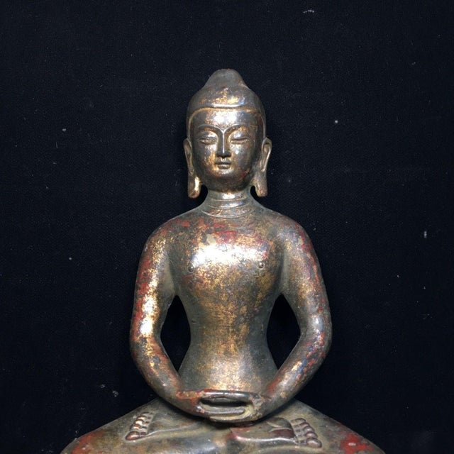 Metal Bronze Seated Shakyamuni Buddha Figure on Lotus Base For Sale - Image 7 of 9
