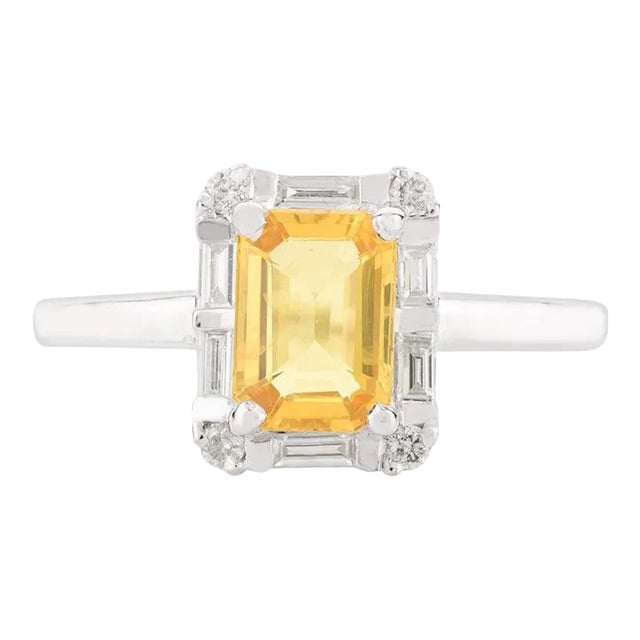Octagon Cut Yellow Sapphire and Diamond Halo Birthstone Ring Size 7 For Sale