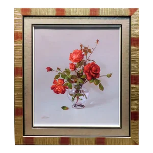 Martin Yeon "Christmas Bouquet" Red Rose Original Oil Painting on Canvas Hand Signed