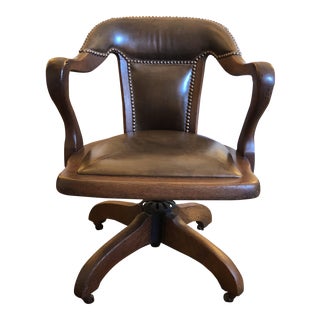 Vintage Oak & Leather Office Chair For Sale