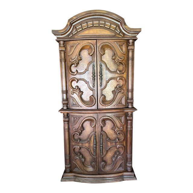 Vintage Spanish Baroque Revival Cabinet | Bonnet Pediment | Reeded Columns For Sale