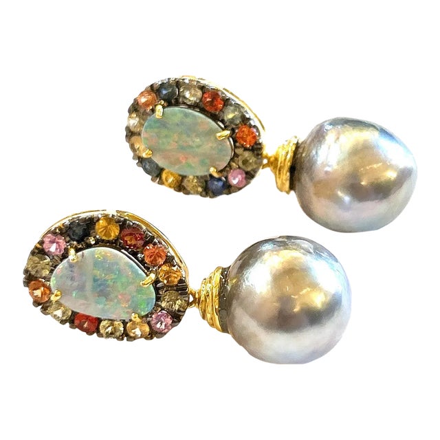 Bochic “Orient” Opal, South Sea Pearls & Sapphires Earrings Set 18k Gold & Silver - 2 Pieces For Sale
