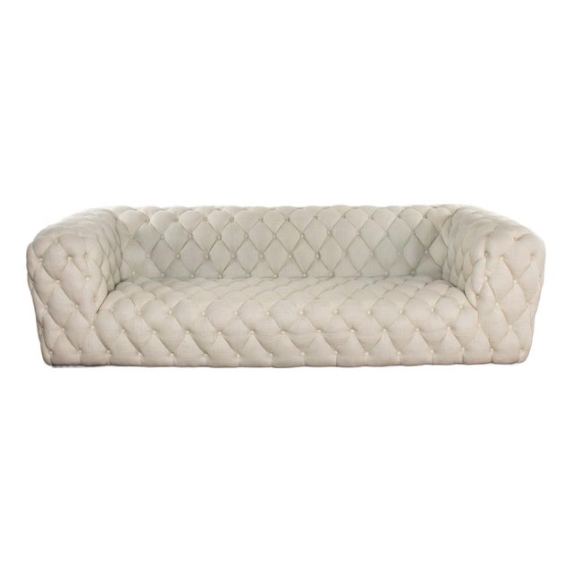 Late 20th to Early 21st Century Modern Chesterfield Style Diamond Tucked Sofa With Beige Twill Fabric Style of Paola Navone For Sale