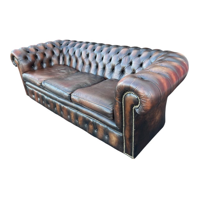 Vintage Chesterfield 3-Seater Sofa in Brown Leather, England, 1980s For Sale - Image 6 of 9