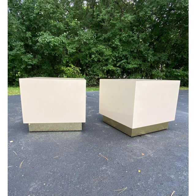 Wood 1990s Milo Baughman Style Lacquered Brass Plinth Base End Tables - a Pair For Sale - Image 7 of 12