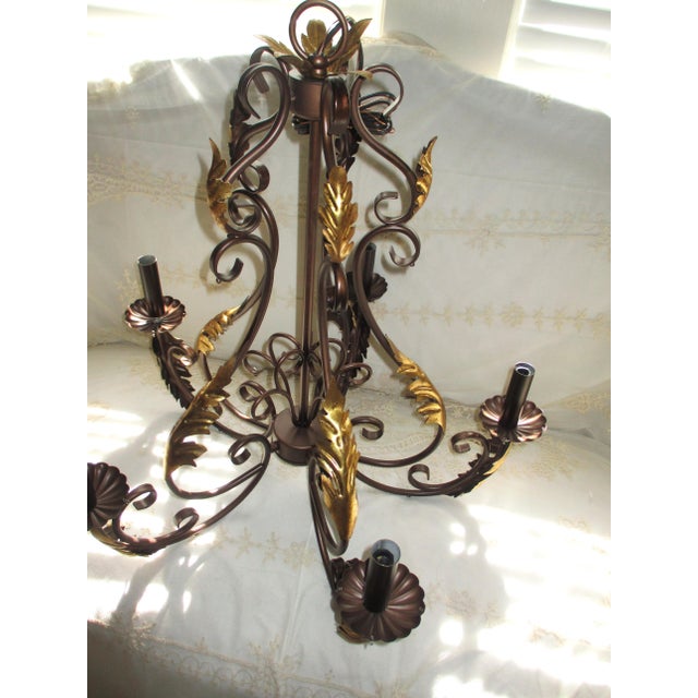 2000 - 2009 Toleware French Country 5 Arm Chandelier Bronze With Gold Leaves & Crystal Prisms For Sale - Image 5 of 17
