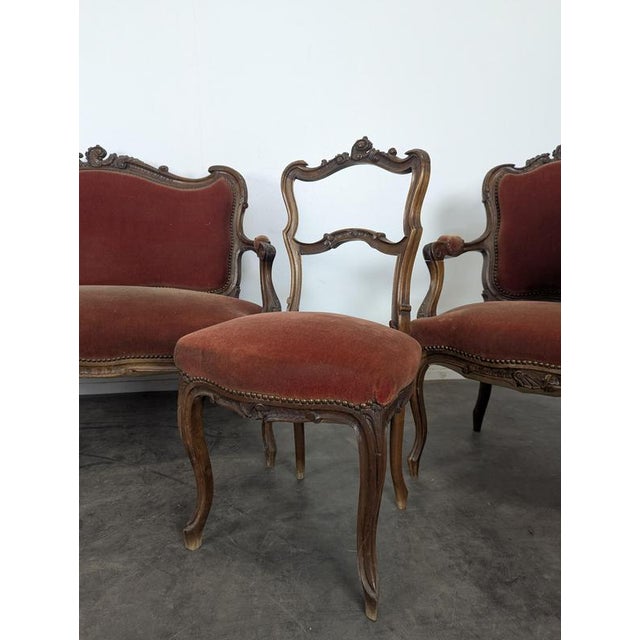 Louis XV Style Living Room Set in Carved Walnut with Orange Velvet Upholstery, Set of 7 For Sale - Image 9 of 13