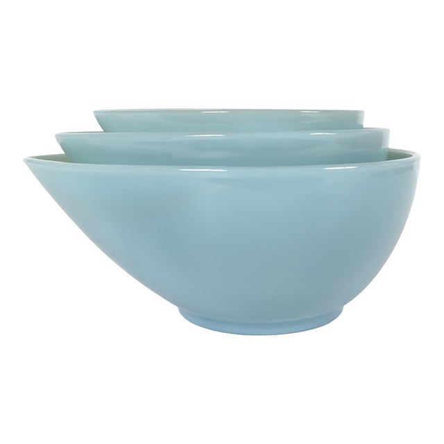 Fire King Teardrop Mixing Bowls - Set of 3 in Rare Delphite Blue For Sale
