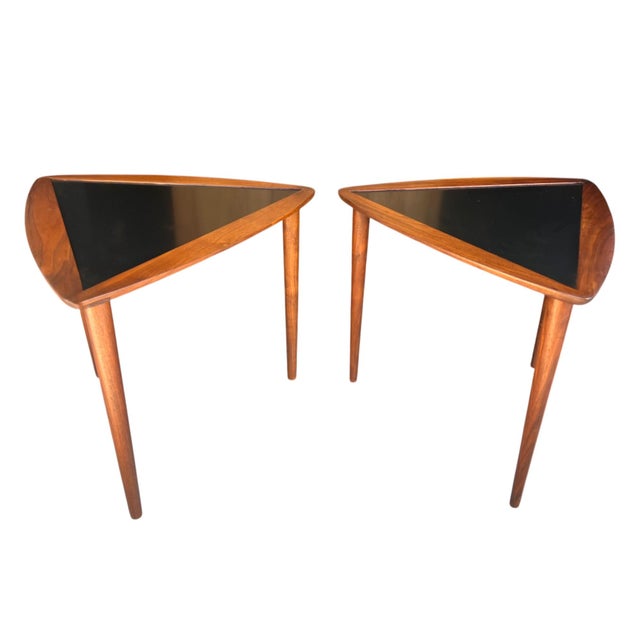 Brown 1960s Pair of Restored Danish Modern Teak & Black Laminate Triangle Side Tables – Mid-Century Accent Set For Sale - Image 8 of 13
