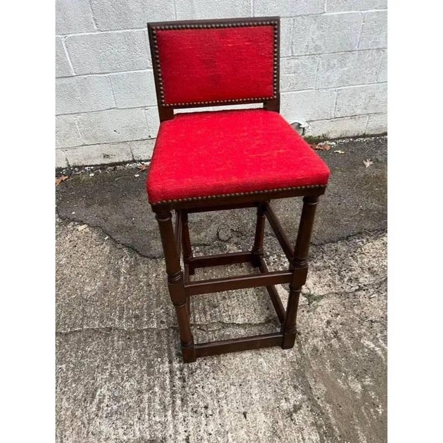 Pair of Vintage Jacobean Style Hardwood Upholstered Bar Stools. For Sale In Washington DC - Image 6 of 10