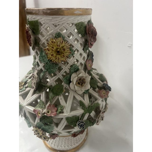 Polychrome Openwork Porcelain Baluster Vases, Saxony, Germany, 19th Century, Set of 2 For Sale - Image 11 of 15