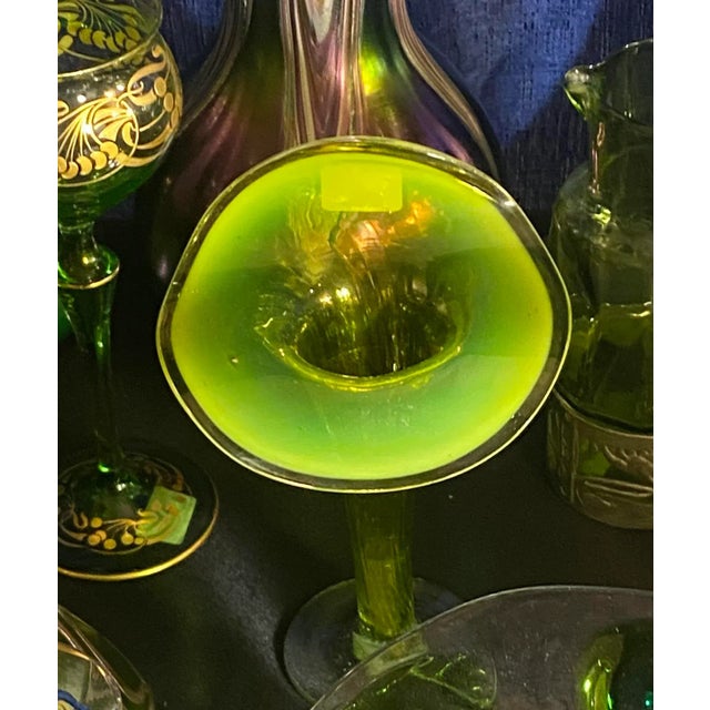 Gorgeous citrusy green hand blown art glass vase in the iconic “Jack-in-the-Pulpit design. The glass glows under black...