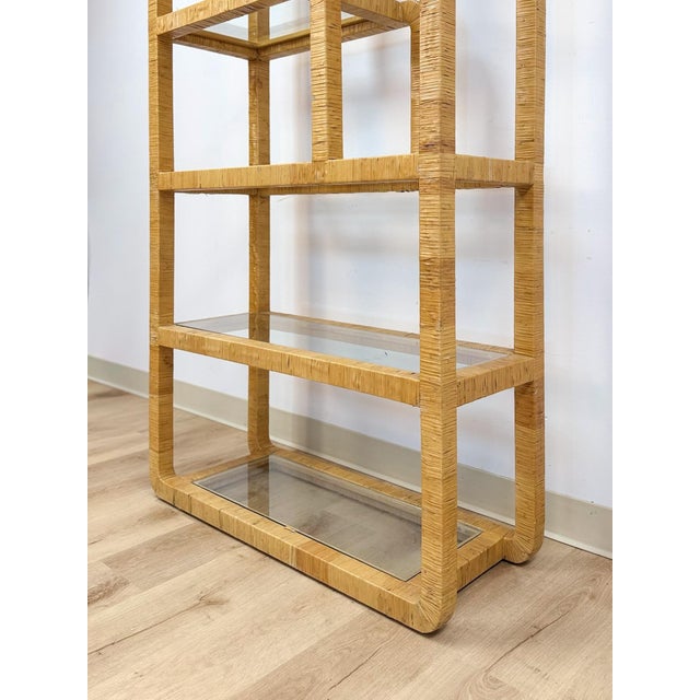 Wood Coastal Etagere Rattan Wrapped Milo Baughman Style Five Tier Glass Shelf MCM For Sale - Image 7 of 15