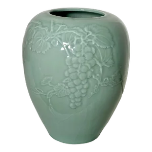 Vintage Asian Celadon Green Embossed Porcelain Vase, Grapes & Grapevine