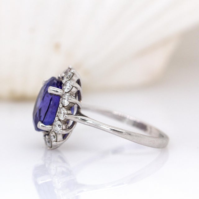 2020s 4.4cts Tanzanite Ring W Earth Mined Diamond Accent in 14k White Gold | Ov 10x8mm For Sale - Image 5 of 7