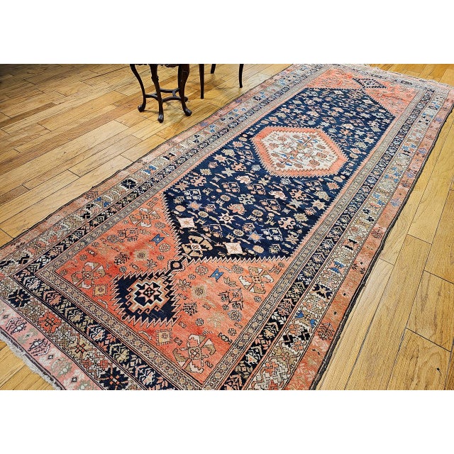 Antique Malayer Tribal Gallery Rug, Hand-Knotted Wool, Geometric Pattern, 5x13, Terracotta & Navy For Sale - Image 14 of 18