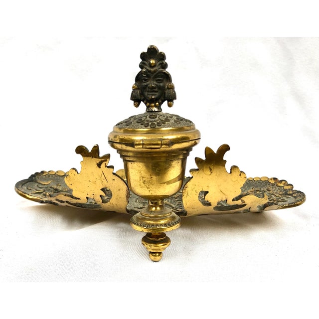 Brass Antique Asian Design Brass Inkwell With Pen Tray For Sale - Image 8 of 11