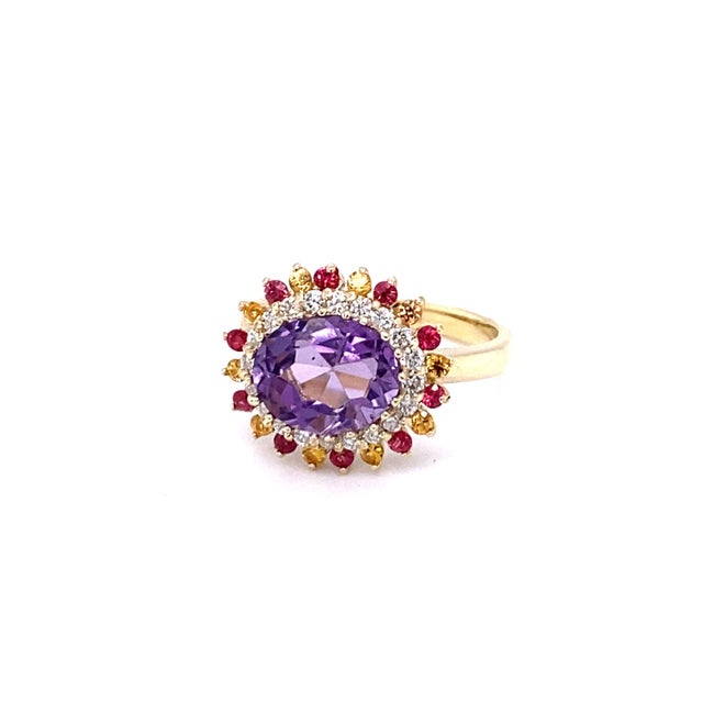 3.37 Carat Natural Amethyst Diamond Sapphire Yellow Gold Cocktail Ring, Size 7 For Sale - Image 4 of 5