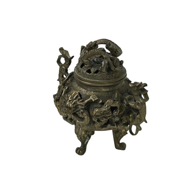 1970s Vintage Bronze Color Metal Dragons Tri Legs Ding Incense Burner Art For Sale - Image 5 of 14