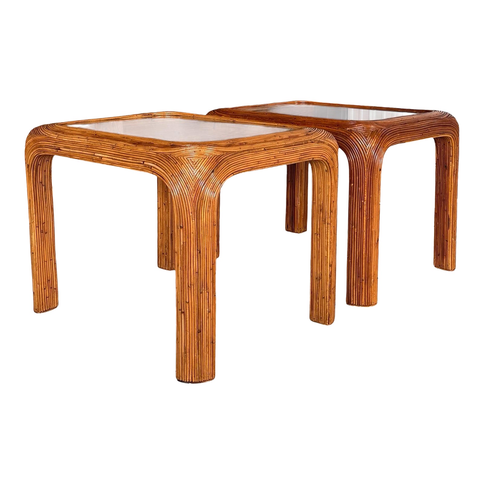 Mid-20th Century Restored Pencil Reed Rattan Side Tables With New Glass ...
